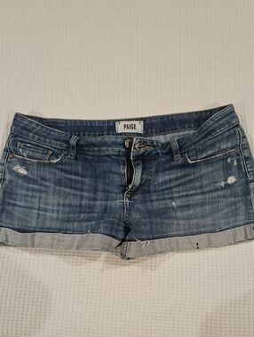 PAIGE Washed Blue Distressed Denim Roll-Cuff Shorts